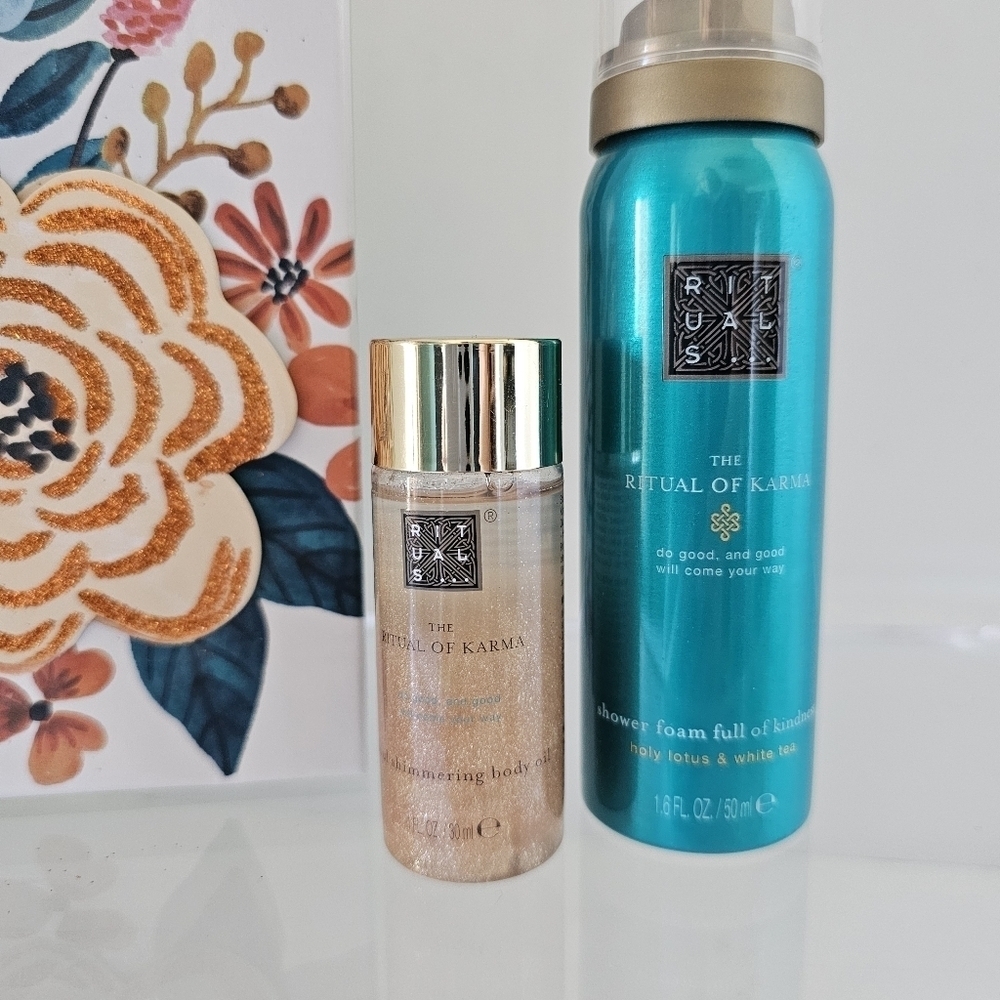 Rituals of Karma Set- 1 oz Shimmering Dry Oil, 1.6oz Shower Foam WhiteTea+Flower